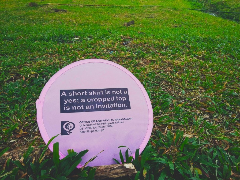 A short skirt is not a yes; a cropped top is not an invitation Written on a fan with OASH's contact details